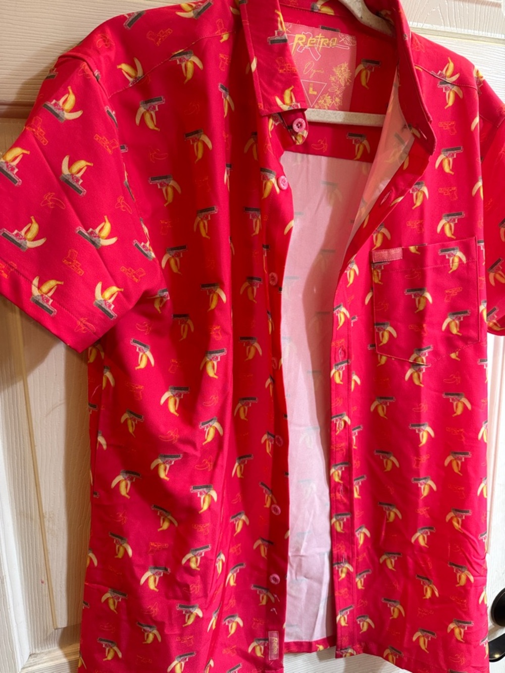 Original Retro Brand Red Short-Sleeve Button-Down Shirt with Yellow Banana Print